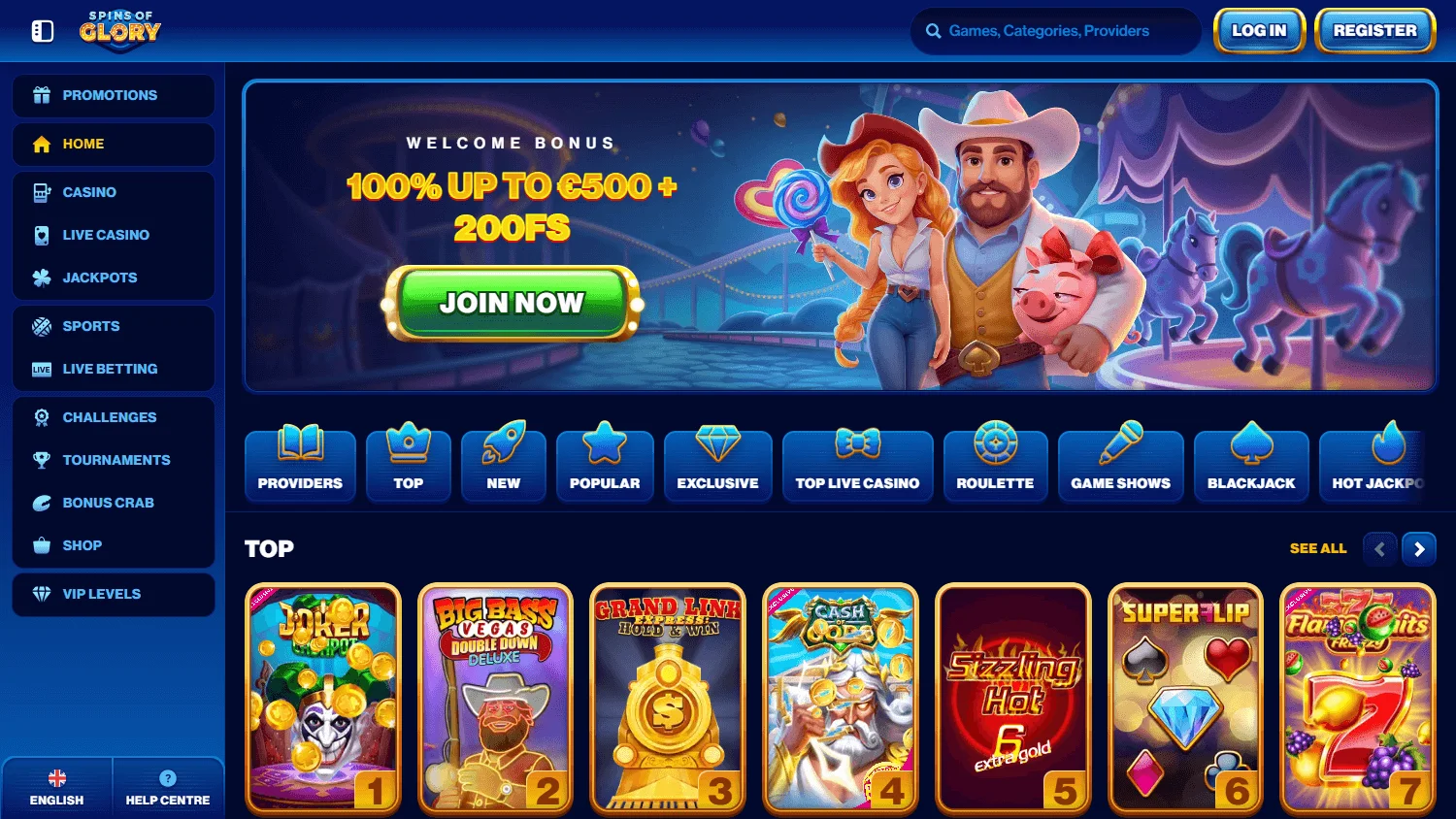 Spins Of Glory Casino desktop home interface