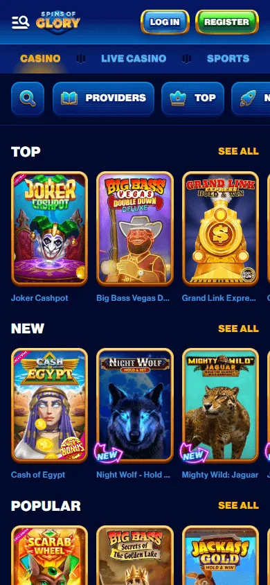 Spins Of Glory Casino mobile games lobby