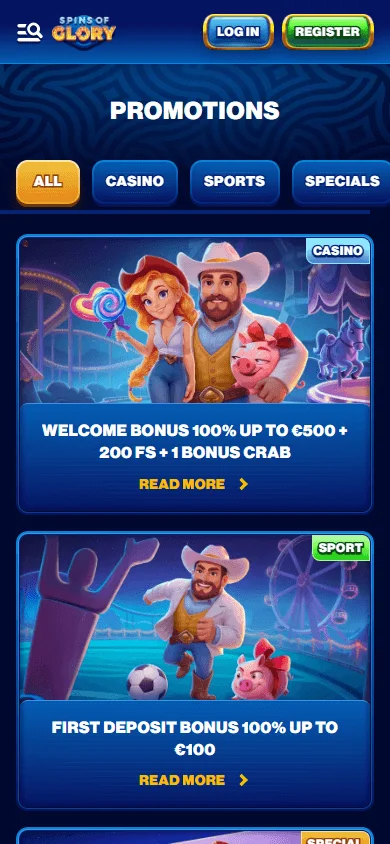 Spins Of Glory Casino mobile promotions area