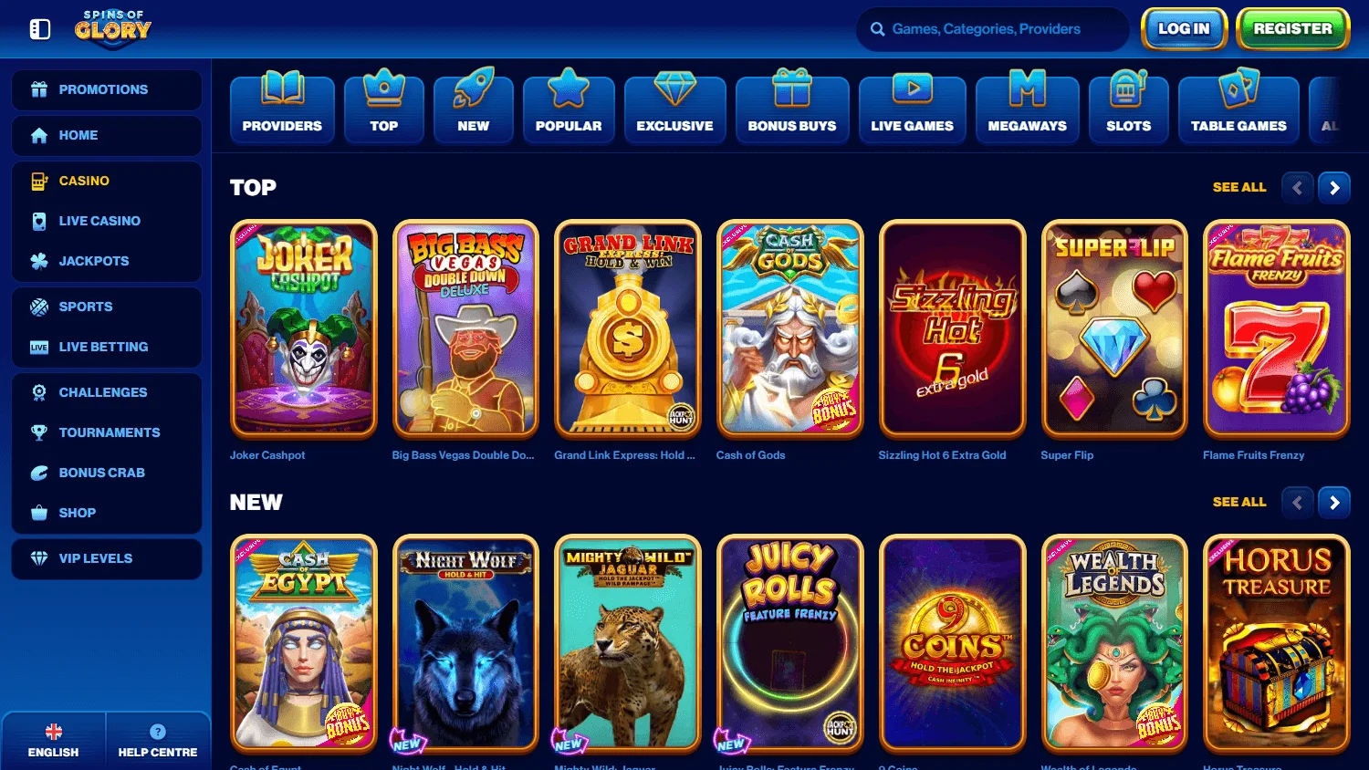 Spins Of Glory Casino desktop games lobby