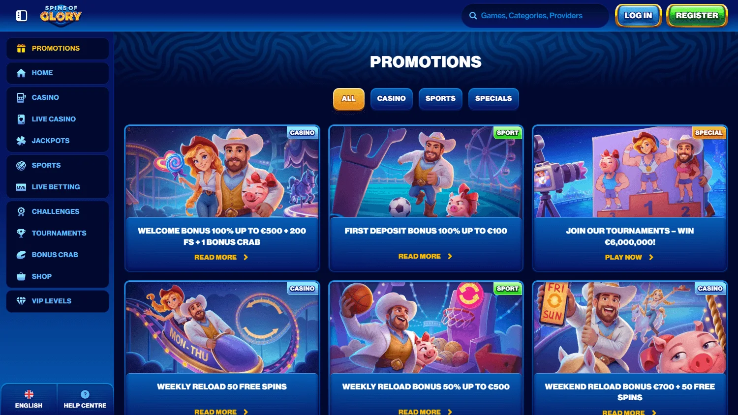 Spins Of Glory Casino desktop promotions area
